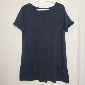 Women's Basic Casual Black Front Pockets Essential Short Sleeves Long Tee Tunic
